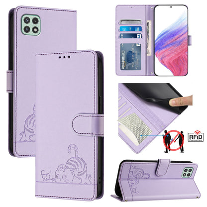 Samsung Galaxy A22 5G Cat & Rat Embossed RFID Leather Case, Lanyard, Wallet, Card Slots, Kickstand, Anti-Fall, Scratch-Resistant