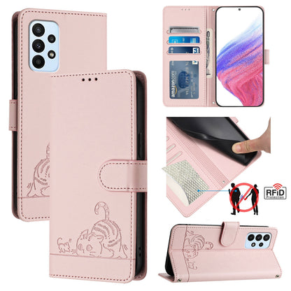 Samsung Galaxy A23 5G Cat & Rat Embossed RFID Leather Case, Lanyard, Wallet, Card Slots, Kickstand, Anti-Fall, Scratch-Resistant