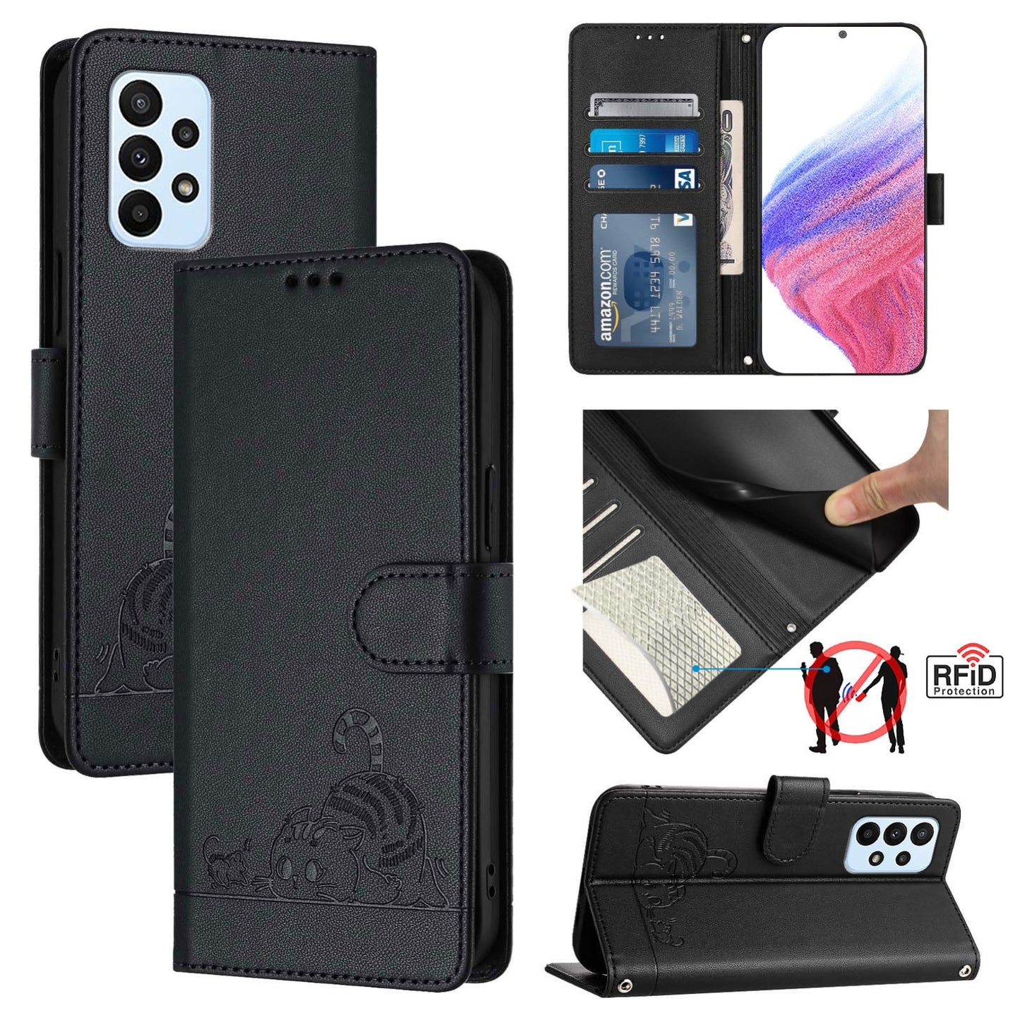 Samsung Galaxy A23 5G Cat & Rat Embossed RFID Leather Case, Lanyard, Wallet, Card Slots, Kickstand, Anti-Fall, Scratch-Resistant