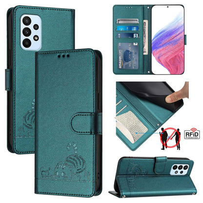 Samsung Galaxy A23 4G Cat & Rat Embossed RFID Leather Case, Lanyard, Wallet, Card Slots, Kickstand, Anti-Fall, Scratch-Resistant
