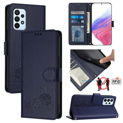 Samsung Galaxy A23 4G Cat & Rat Embossed RFID Leather Case, Lanyard, Wallet, Card Slots, Kickstand, Anti-Fall, Scratch-Resistant