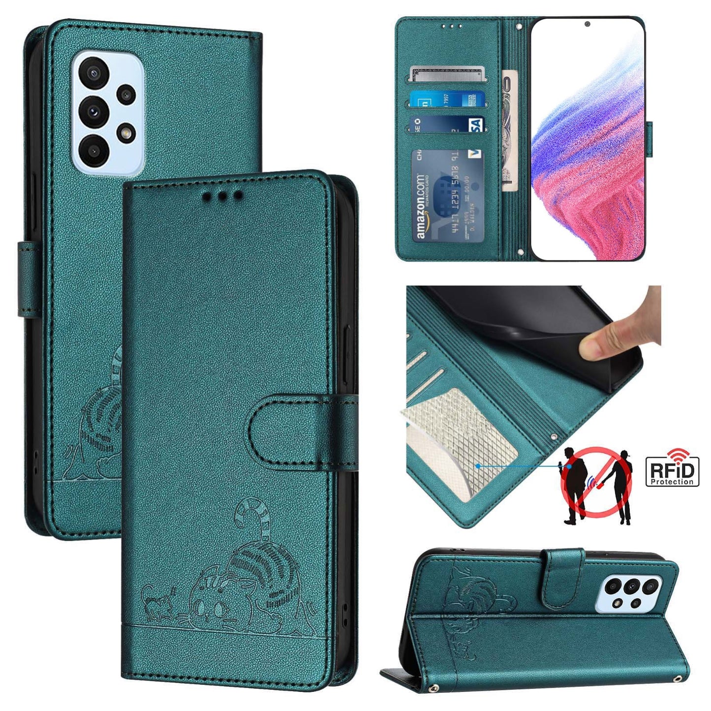 Samsung Galaxy M13 4G Cat & Rat Embossed RFID Leather Case, Lanyard, Wallet, Card Slots, Kickstand, Anti-Fall, Scratch-Resistant