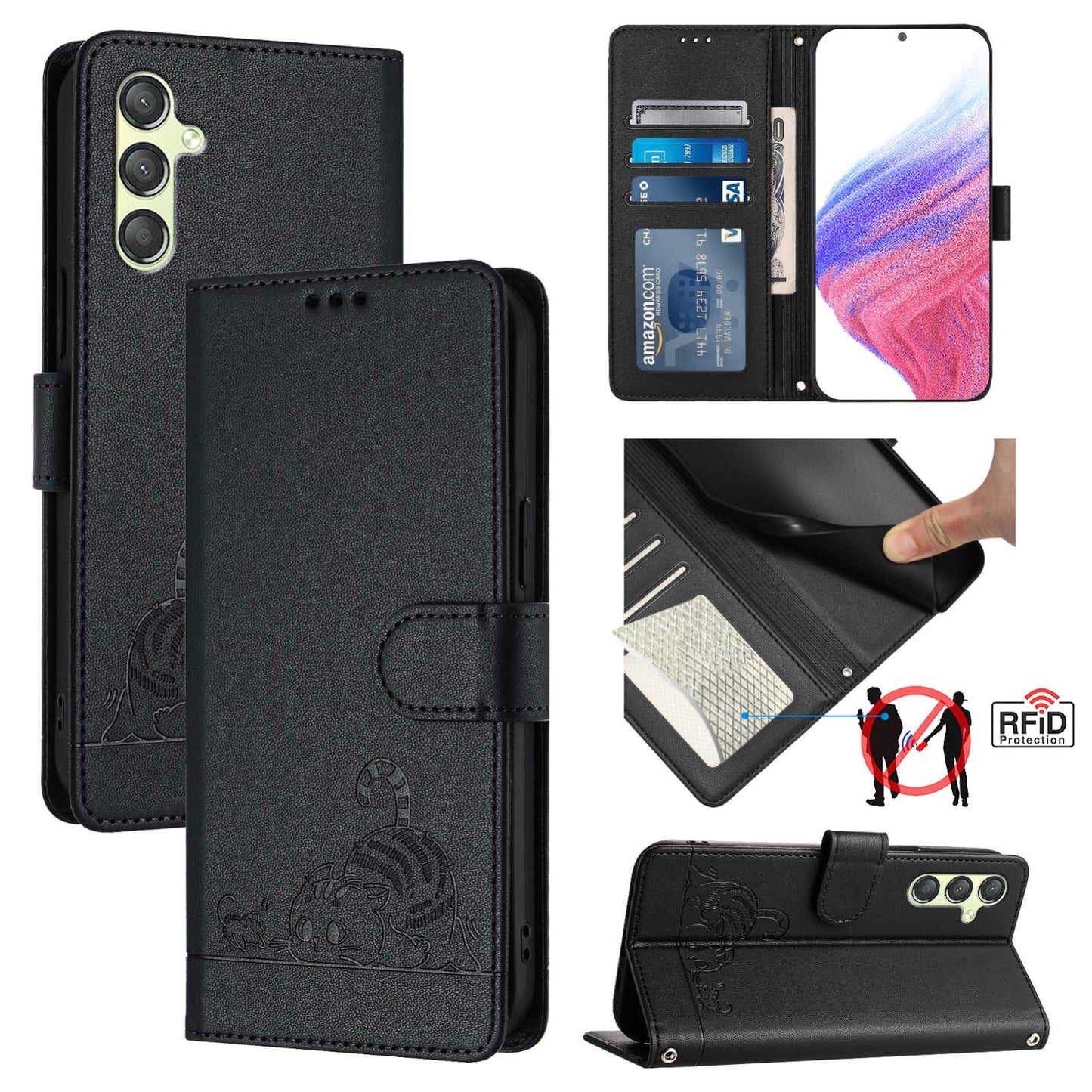 Samsung Galaxy A24 4G Cat & Rat Embossed RFID Leather Case, Lanyard, Wallet, Card Slots, Kickstand, Anti-Fall, Scratch-Resistant