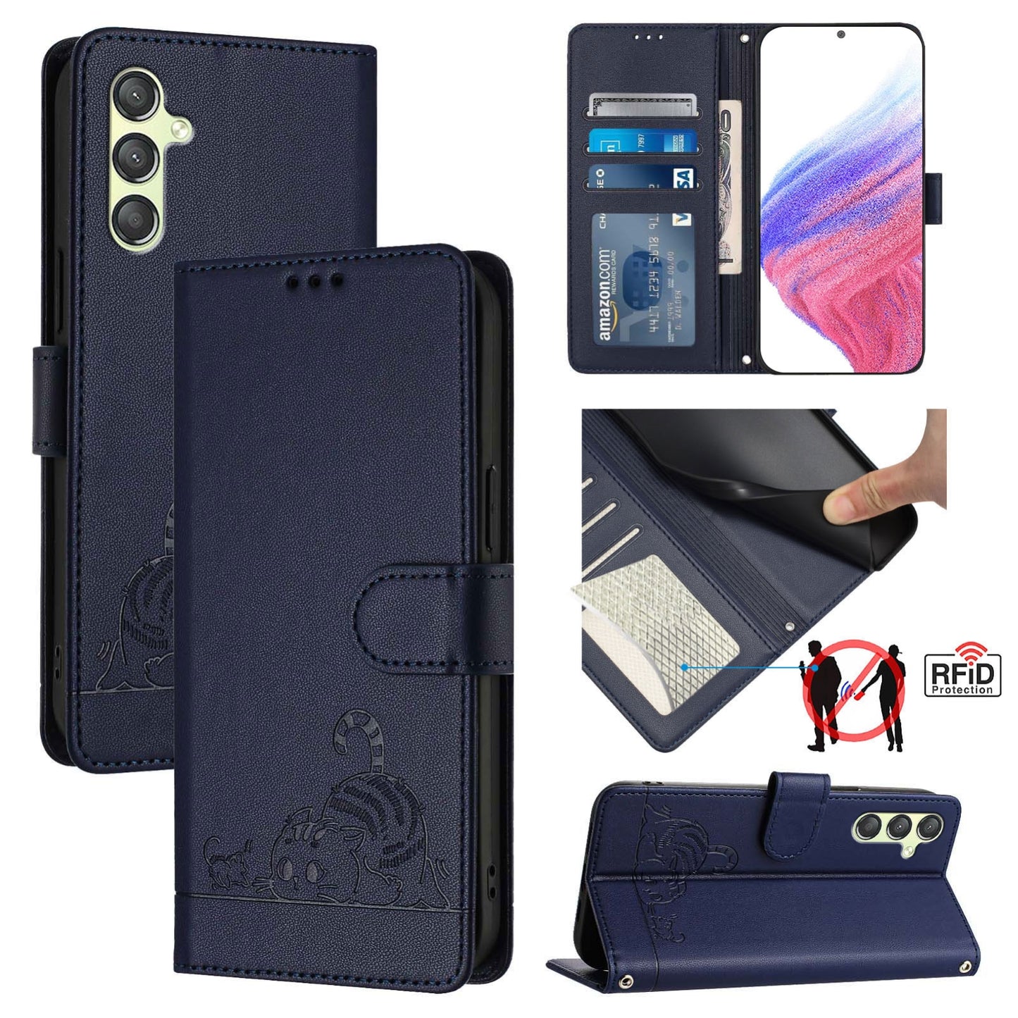 Samsung Galaxy A24 4G Cat & Rat Embossed RFID Leather Case, Lanyard, Wallet, Card Slots, Kickstand, Anti-Fall, Scratch-Resistant