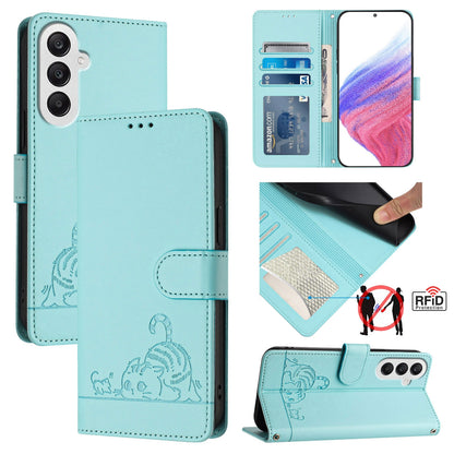 Samsung Galaxy A25 5G Global Cat & Rat Embossed RFID Leather Case, Lanyard, Wallet, Card Slots, Kickstand, Anti-Fall, Scratch-Resistant
