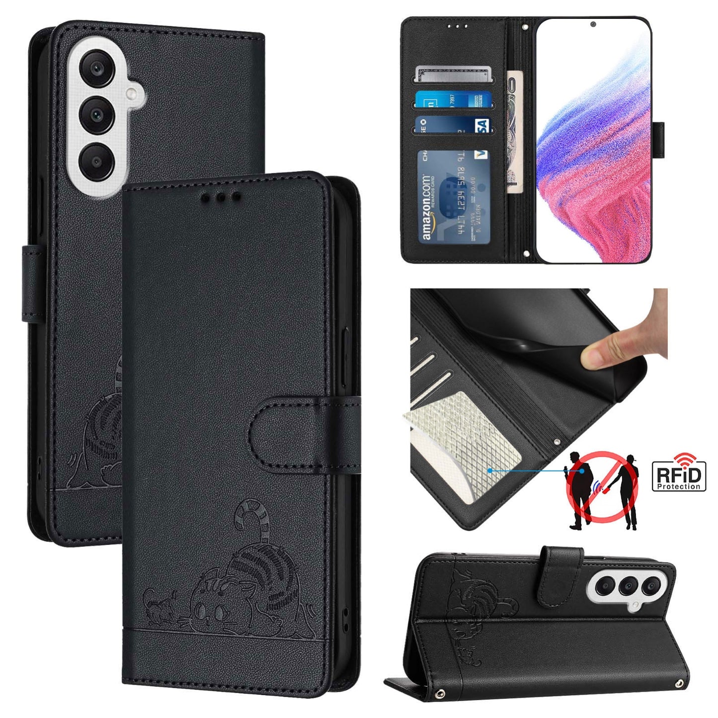 Samsung Galaxy A25 5G Global Cat & Rat Embossed RFID Leather Case, Lanyard, Wallet, Card Slots, Kickstand, Anti-Fall, Scratch-Resistant