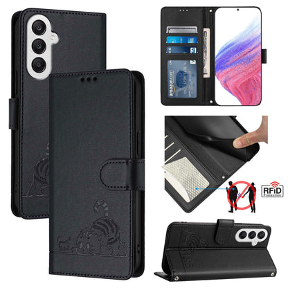 Samsung Galaxy A25 5G Global Cat & Rat Embossed RFID Leather Case, Lanyard, Wallet, Card Slots, Kickstand, Anti-Fall, Scratch-Resistant