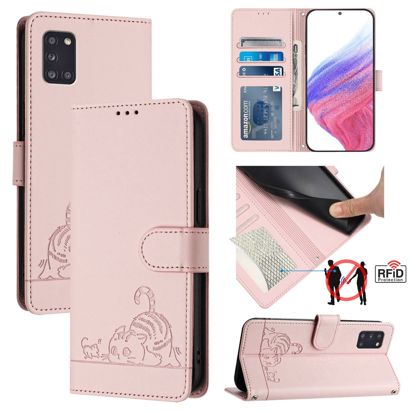 Samsung Galaxy A31 EU Version Cat & Rat Embossed RFID Leather Case, Lanyard, Wallet, Card Slots, Kickstand, Anti-Fall, Scratch-Resistant