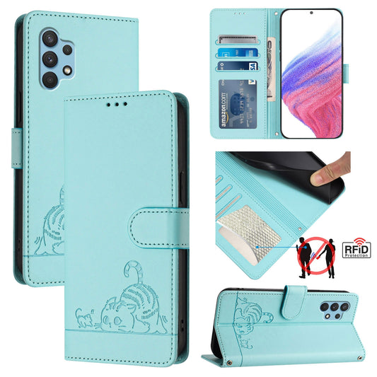 Samsung Galaxy A32 4G Cat & Rat Embossed RFID Leather Case, Lanyard, Wallet, Card Slots, Kickstand, Anti-Fall, Scratch-Resistant