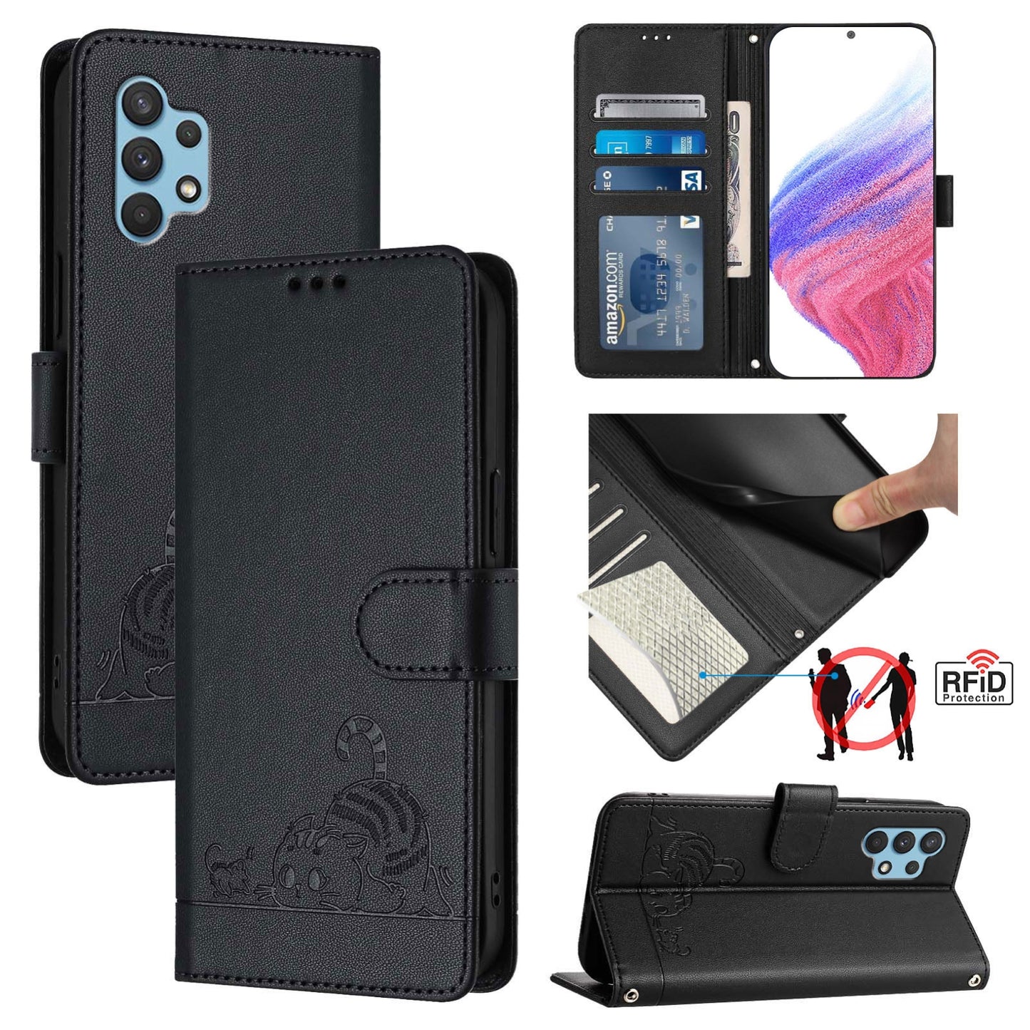 Samsung Galaxy A32 4G Cat & Rat Embossed RFID Leather Case, Lanyard, Wallet, Card Slots, Kickstand, Anti-Fall, Scratch-Resistant