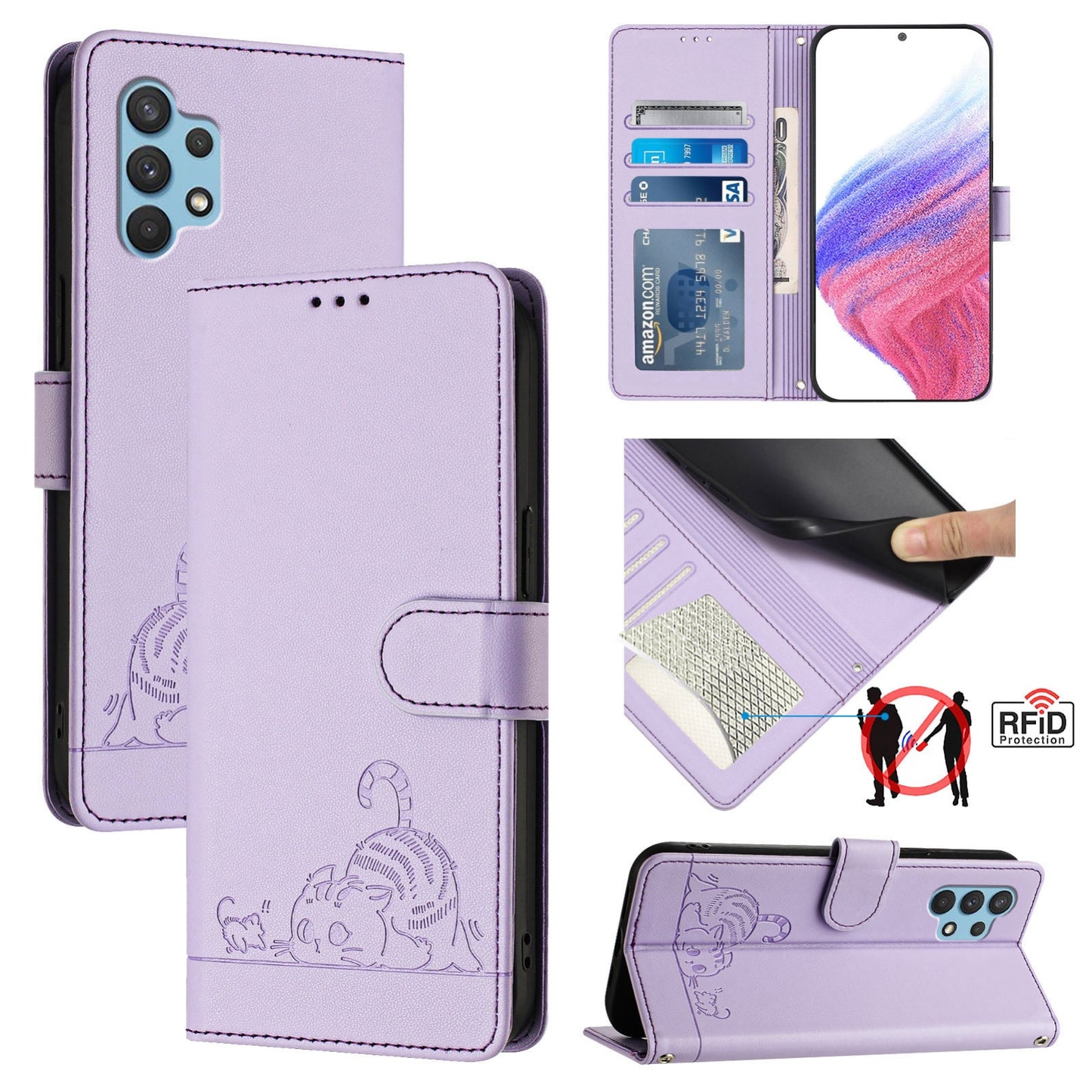 Samsung Galaxy A32 4G Cat & Rat Embossed RFID Leather Case, Lanyard, Wallet, Card Slots, Kickstand, Anti-Fall, Scratch-Resistant