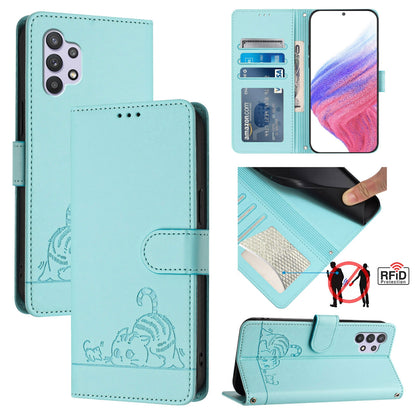 Samsung Galaxy A32 5G Cat & Rat Embossed RFID Leather Case, Lanyard, Wallet, Card Slots, Kickstand, Anti-Fall, Scratch-Resistant
