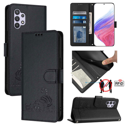 Samsung Galaxy M32 5G Cat & Rat Embossed RFID Leather Case, Lanyard, Wallet, Card Slots, Kickstand, Anti-Fall, Scratch-Resistant