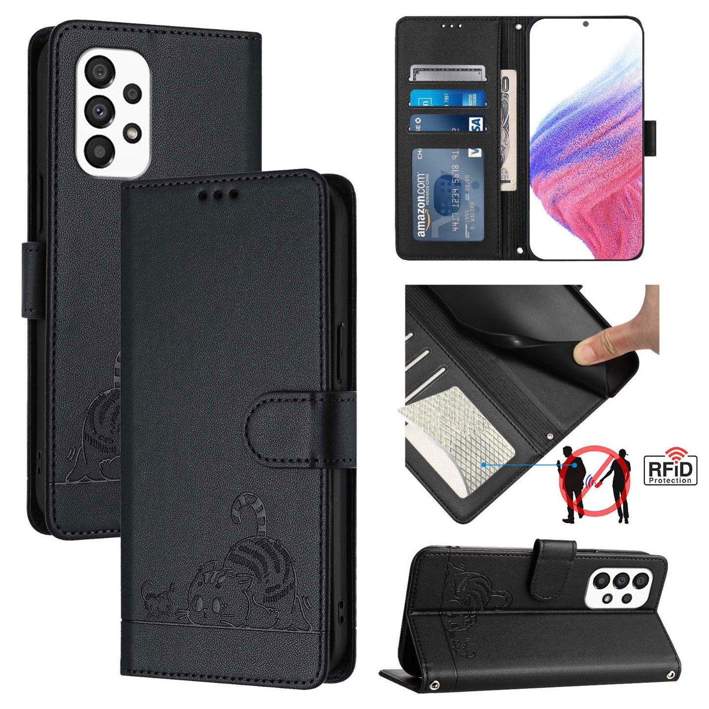 Samsung Galaxy A33 5G Cat & Rat Embossed RFID Leather Case, Lanyard, Wallet, Card Slots, Kickstand, Anti-Fall, Scratch-Resistant