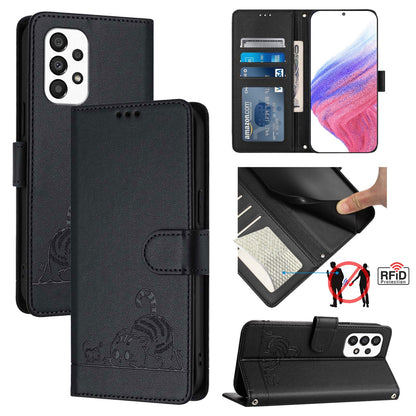 Samsung Galaxy A33 5G Cat & Rat Embossed RFID Leather Case, Lanyard, Wallet, Card Slots, Kickstand, Anti-Fall, Scratch-Resistant