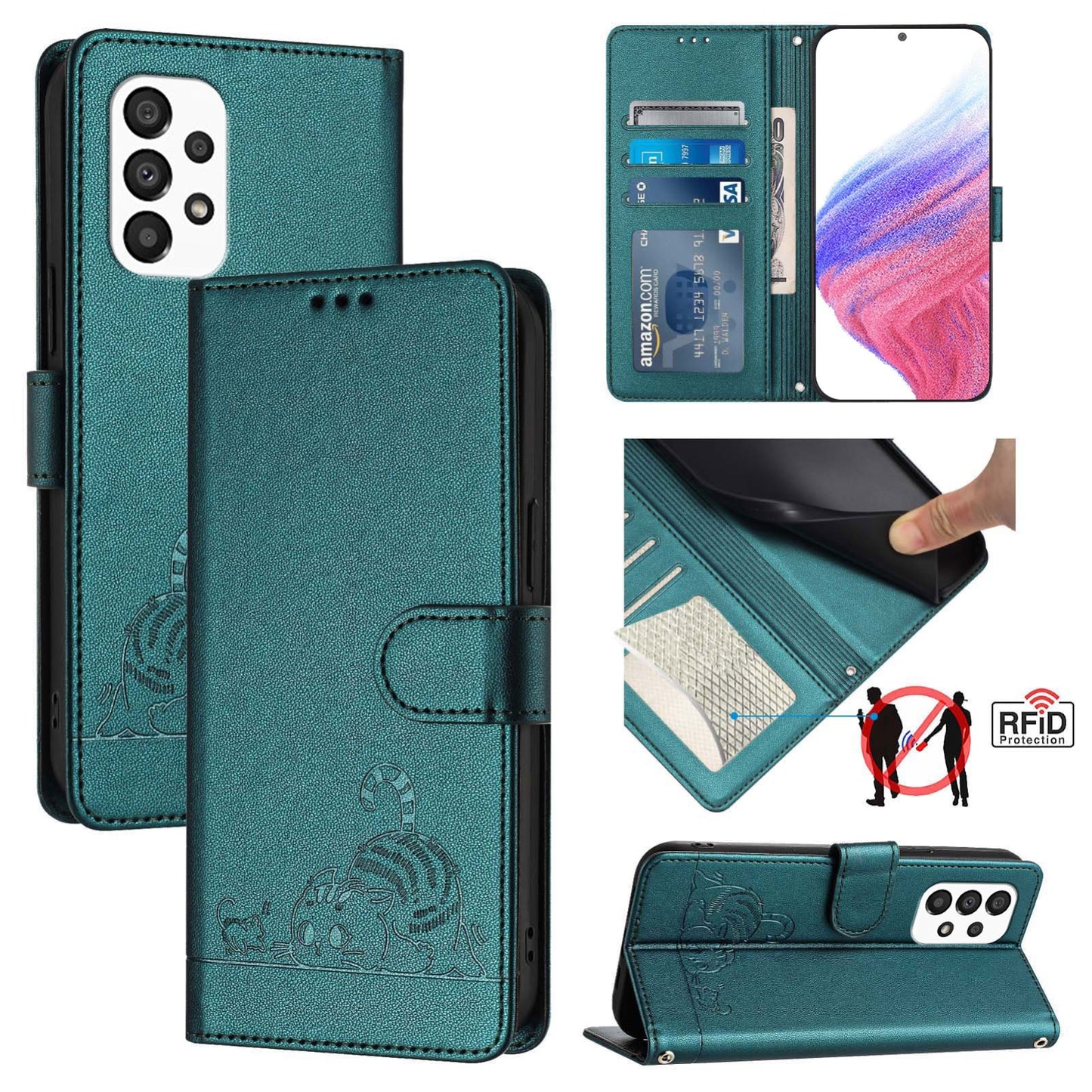 Samsung Galaxy A33 5G Cat & Rat Embossed RFID Leather Case, Lanyard, Wallet, Card Slots, Kickstand, Anti-Fall, Scratch-Resistant