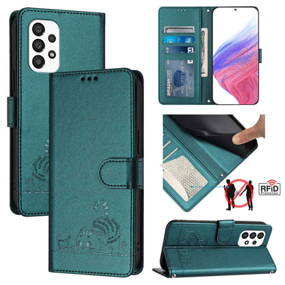 Samsung Galaxy A33 5G Cat & Rat Embossed RFID Leather Case, Lanyard, Wallet, Card Slots, Kickstand, Anti-Fall, Scratch-Resistant