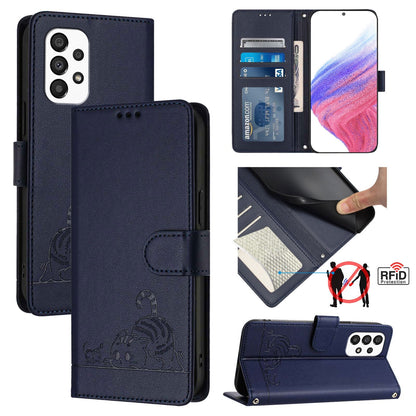 Samsung Galaxy A33 5G Cat & Rat Embossed RFID Leather Case, Lanyard, Wallet, Card Slots, Kickstand, Anti-Fall, Scratch-Resistant