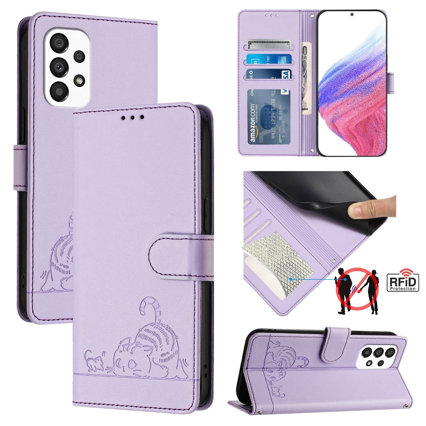 Samsung Galaxy A33 5G Cat & Rat Embossed RFID Leather Case, Lanyard, Wallet, Card Slots, Kickstand, Anti-Fall, Scratch-Resistant