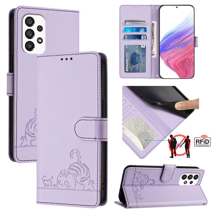 Samsung Galaxy A33 5G Cat & Rat Embossed RFID Leather Case, Lanyard, Wallet, Card Slots, Kickstand, Anti-Fall, Scratch-Resistant