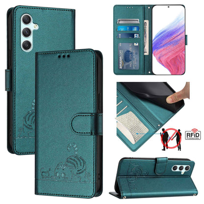 Samsung Galaxy A34 5G Cat & Rat Embossed RFID Leather Case, Lanyard, Wallet, Card Slots, Kickstand, Anti-Fall, Scratch-Resistant