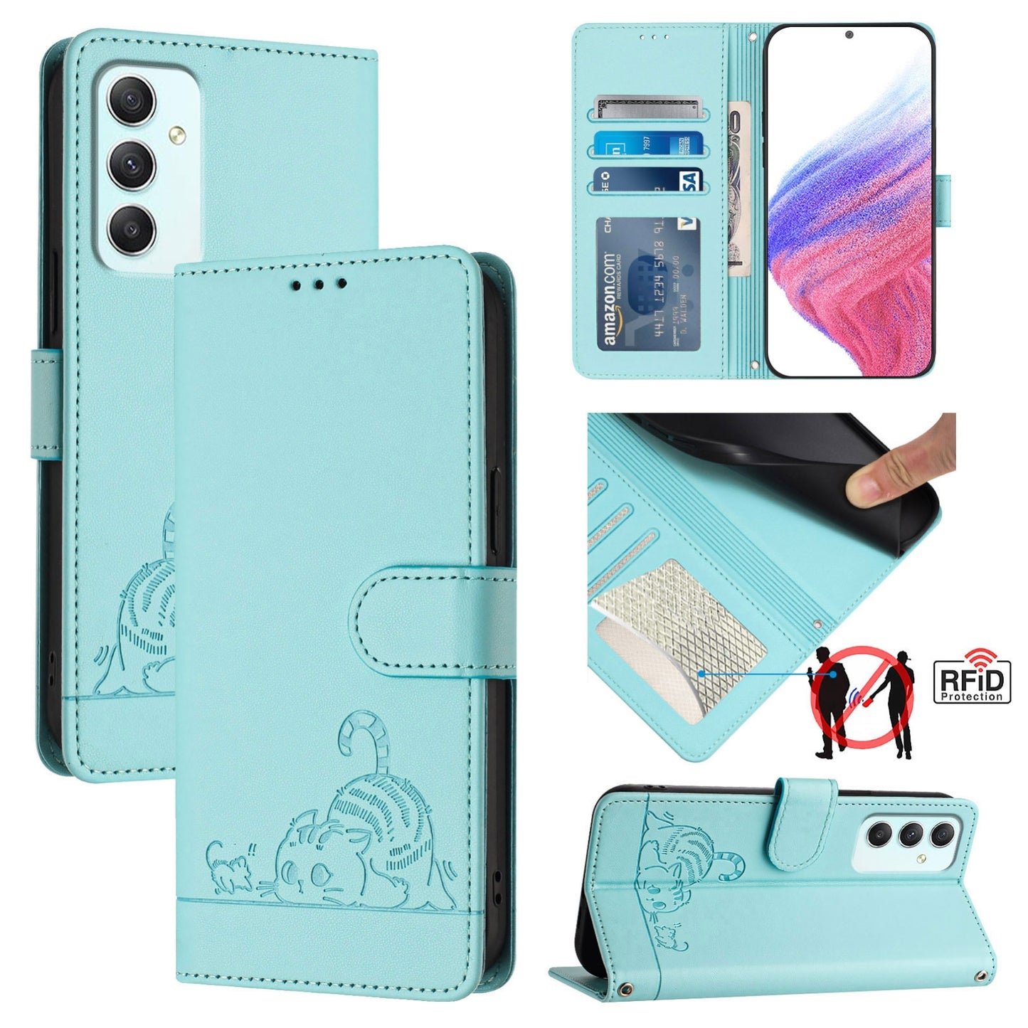 Samsung Galaxy A35 5G Cat & Rat Embossed RFID Leather Case, Lanyard, Wallet, Card Slots, Kickstand, Anti-Fall, Scratch-Resistant