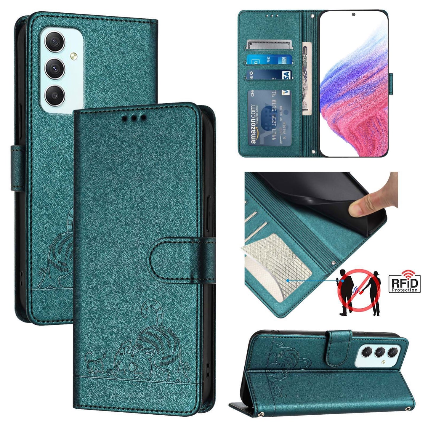Samsung Galaxy A35 5G Cat & Rat Embossed RFID Leather Case, Lanyard, Wallet, Card Slots, Kickstand, Anti-Fall, Scratch-Resistant