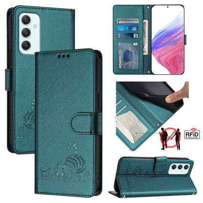 Samsung Galaxy A35 5G Cat & Rat Embossed RFID Leather Case, Lanyard, Wallet, Card Slots, Kickstand, Anti-Fall, Scratch-Resistant