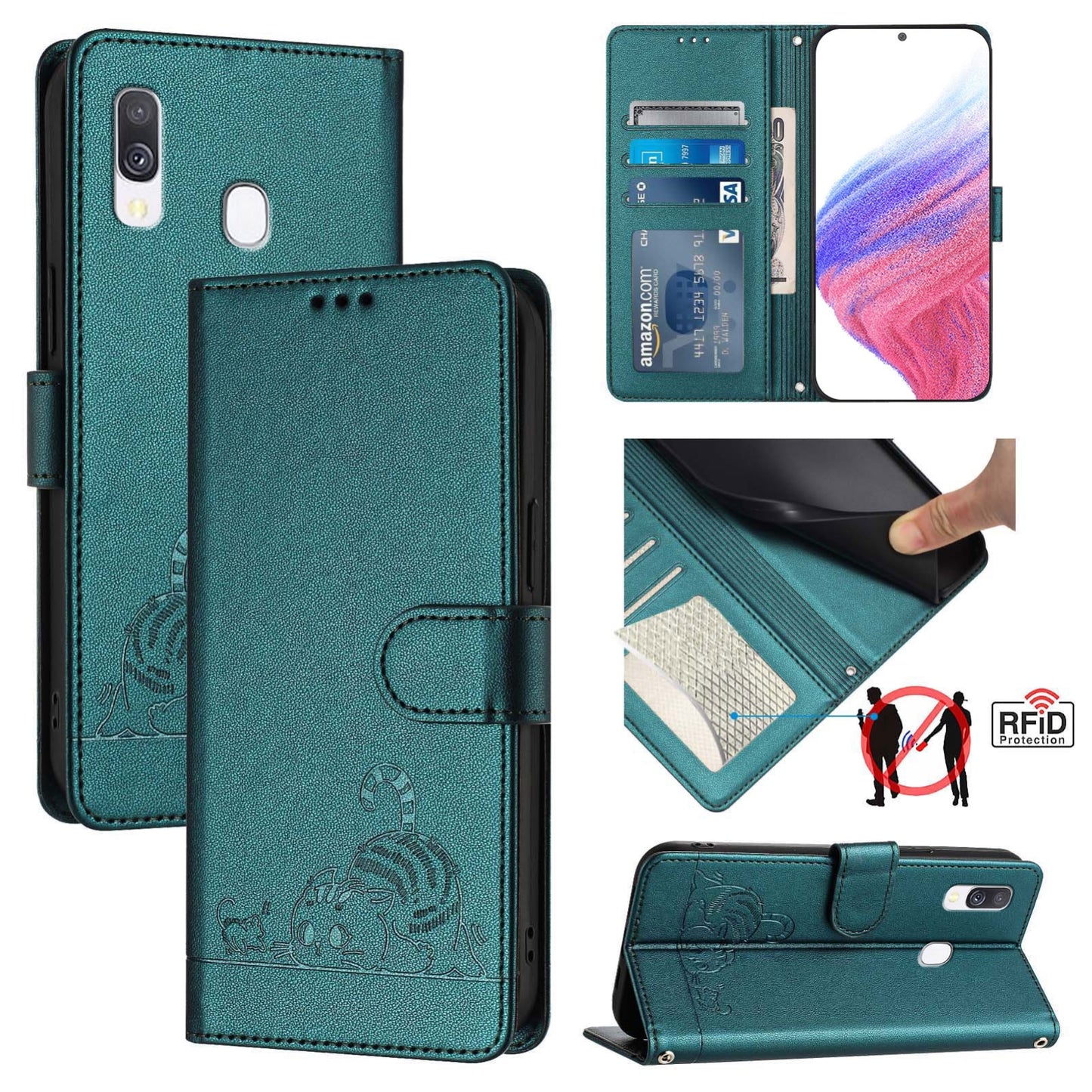 Samsung Galaxy A40 Cat & Rat Embossed RFID Leather Case, Lanyard, Wallet, Card Slots, Kickstand, Anti-Fall, Scratch-Resistant