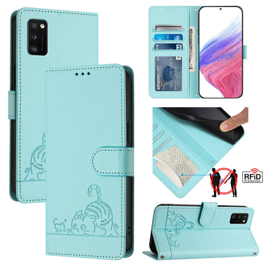 Samsung Galaxy A41 EU Version Cat & Rat Embossed RFID Leather Case, Lanyard, Wallet, Card Slots, Kickstand, Anti-Fall, Scratch-Resistant