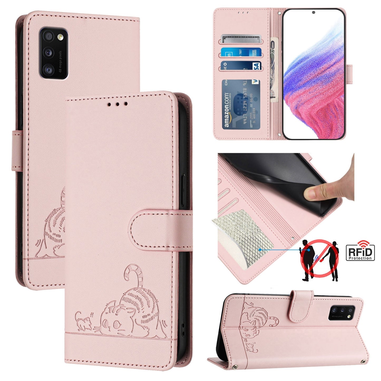 Samsung Galaxy A41 EU Version Cat & Rat Embossed RFID Leather Case, Lanyard, Wallet, Card Slots, Kickstand, Anti-Fall, Scratch-Resistant