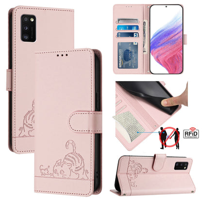 Samsung Galaxy A41 EU Version Cat & Rat Embossed RFID Leather Case, Lanyard, Wallet, Card Slots, Kickstand, Anti-Fall, Scratch-Resistant
