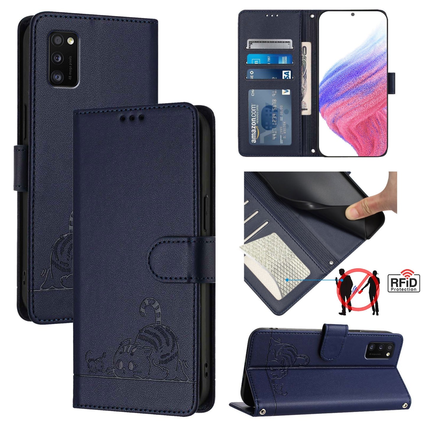 Samsung Galaxy A41 EU Version Cat & Rat Embossed RFID Leather Case, Lanyard, Wallet, Card Slots, Kickstand, Anti-Fall, Scratch-Resistant