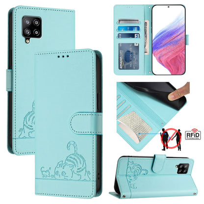 Samsung Galaxy A42 5G Cat & Rat Embossed RFID Leather Case, Lanyard, Wallet, Card Slots, Kickstand, Anti-Fall, Scratch-Resistant