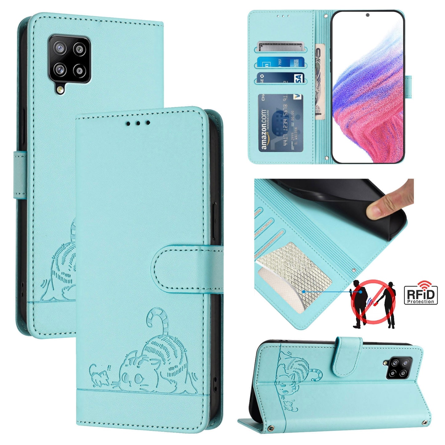 Samsung Galaxy M42 Cat & Rat Embossed RFID Leather Case, Lanyard, Wallet, Card Slots, Kickstand, Anti-Fall, Scratch-Resistant