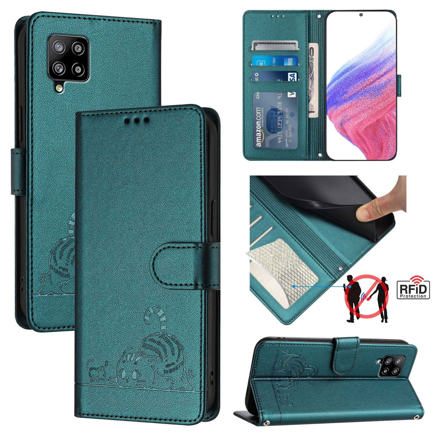 Samsung Galaxy M42 Cat & Rat Embossed RFID Leather Case, Lanyard, Wallet, Card Slots, Kickstand, Anti-Fall, Scratch-Resistant