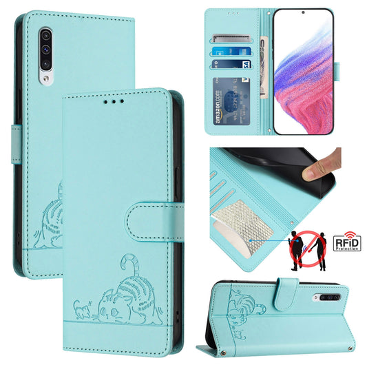 Samsung Galaxy A50s Cat & Rat Embossed RFID Leather Case, Lanyard, Wallet, Card Slots, Kickstand, Anti-Fall, Scratch-Resistant