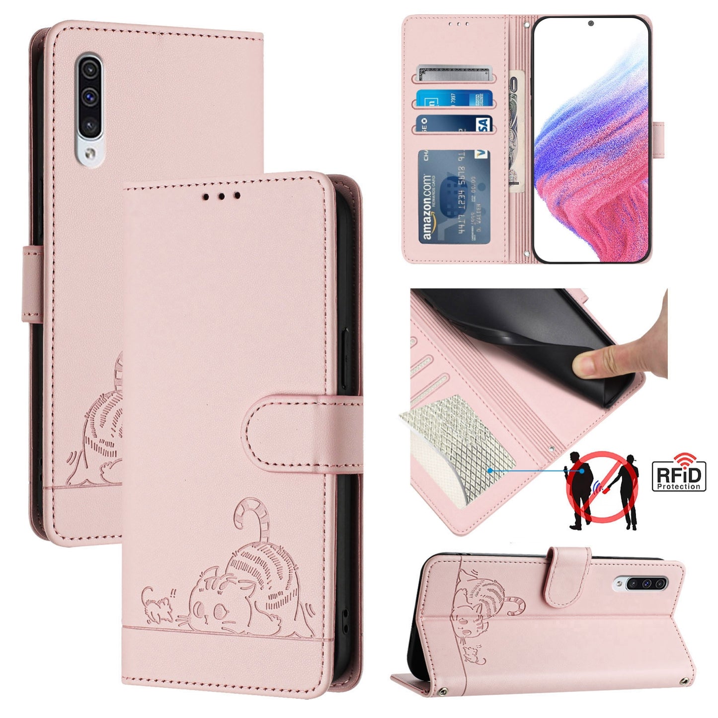 Samsung Galaxy A30s Cat & Rat Embossed RFID Leather Case, Lanyard, Wallet, Card Slots, Kickstand, Anti-Fall, Scratch-Resistant