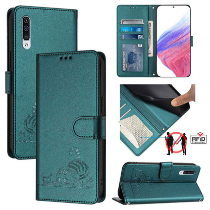 Samsung Galaxy A50 Cat & Rat Embossed RFID Leather Case, Lanyard, Wallet, Card Slots, Kickstand, Anti-Fall, Scratch-Resistant