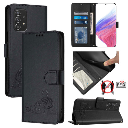 Samsung Galaxy A52 5G Cat & Rat Embossed RFID Leather Case, Lanyard, Wallet, Card Slots, Kickstand, Anti-Fall, Scratch-Resistant