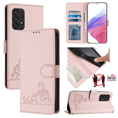 Samsung Galaxy A53 5G Cat & Rat Embossed RFID Leather Case, Lanyard, Wallet, Card Slots, Kickstand, Anti-Fall, Scratch-Resistant