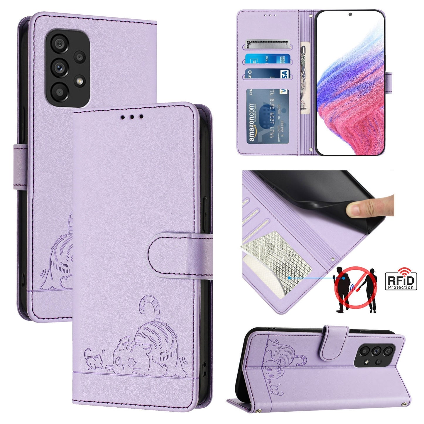 Samsung Galaxy A53 5G Cat & Rat Embossed RFID Leather Case, Lanyard, Wallet, Card Slots, Kickstand, Anti-Fall, Scratch-Resistant