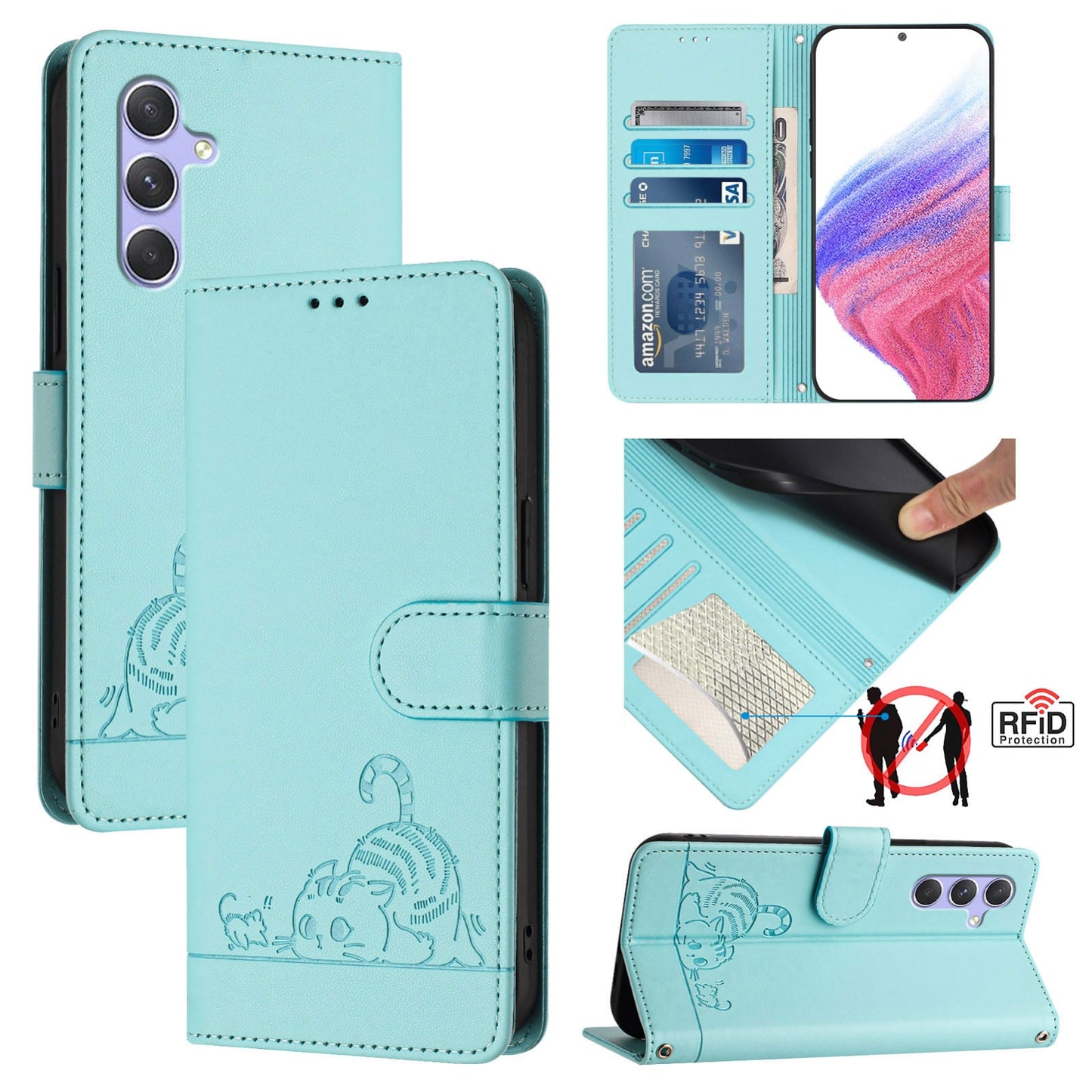 Samsung Galaxy A54 5G Cat & Rat Embossed RFID Leather Case, Lanyard, Wallet, Card Slots, Kickstand, Anti-Fall, Scratch-Resistant