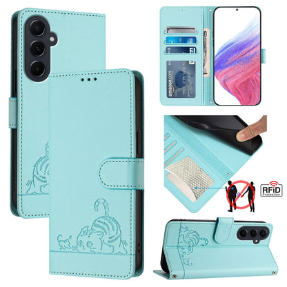 Samsung Galaxy A55 5G Cat & Rat Embossed RFID Leather Case, Lanyard, Wallet, Card Slots, Kickstand, Anti-Fall, Scratch-Resistant