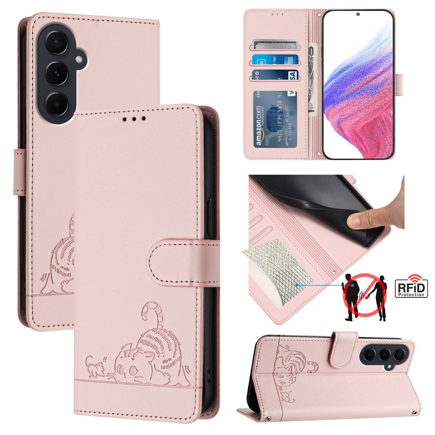Samsung Galaxy A55 5G Cat & Rat Embossed RFID Leather Case, Lanyard, Wallet, Card Slots, Kickstand, Anti-Fall, Scratch-Resistant
