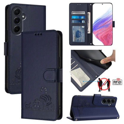 Samsung Galaxy A55 5G Cat & Rat Embossed RFID Leather Case, Lanyard, Wallet, Card Slots, Kickstand, Anti-Fall, Scratch-Resistant