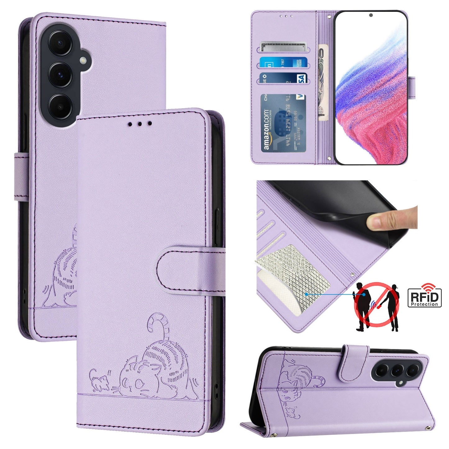Samsung Galaxy A55 5G Cat & Rat Embossed RFID Leather Case, Lanyard, Wallet, Card Slots, Kickstand, Anti-Fall, Scratch-Resistant