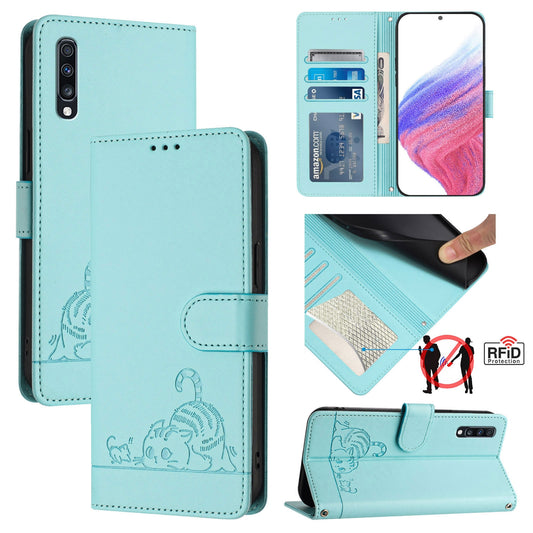 Samsung Galaxy A70 Cat & Rat Embossed RFID Leather Case, Lanyard, Wallet, Card Slots, Kickstand, Anti-Fall, Scratch-Resistant