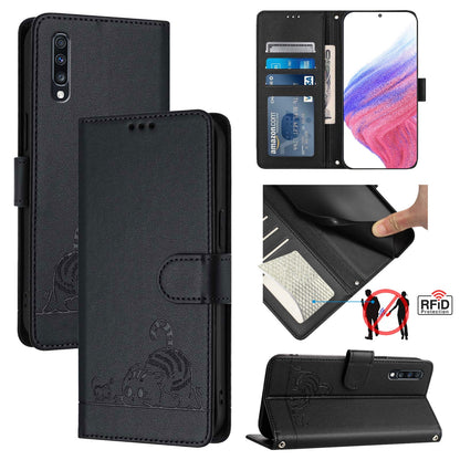 Samsung Galaxy A70 Cat & Rat Embossed RFID Leather Case, Lanyard, Wallet, Card Slots, Kickstand, Anti-Fall, Scratch-Resistant