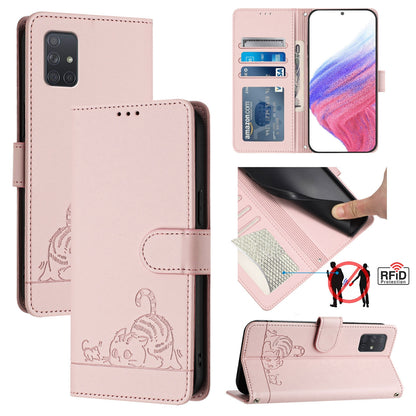 Samsung Galaxy A71 4G Cat & Rat Embossed RFID Leather Case, Lanyard, Wallet, Card Slots, Kickstand, Anti-Fall, Scratch-Resistant